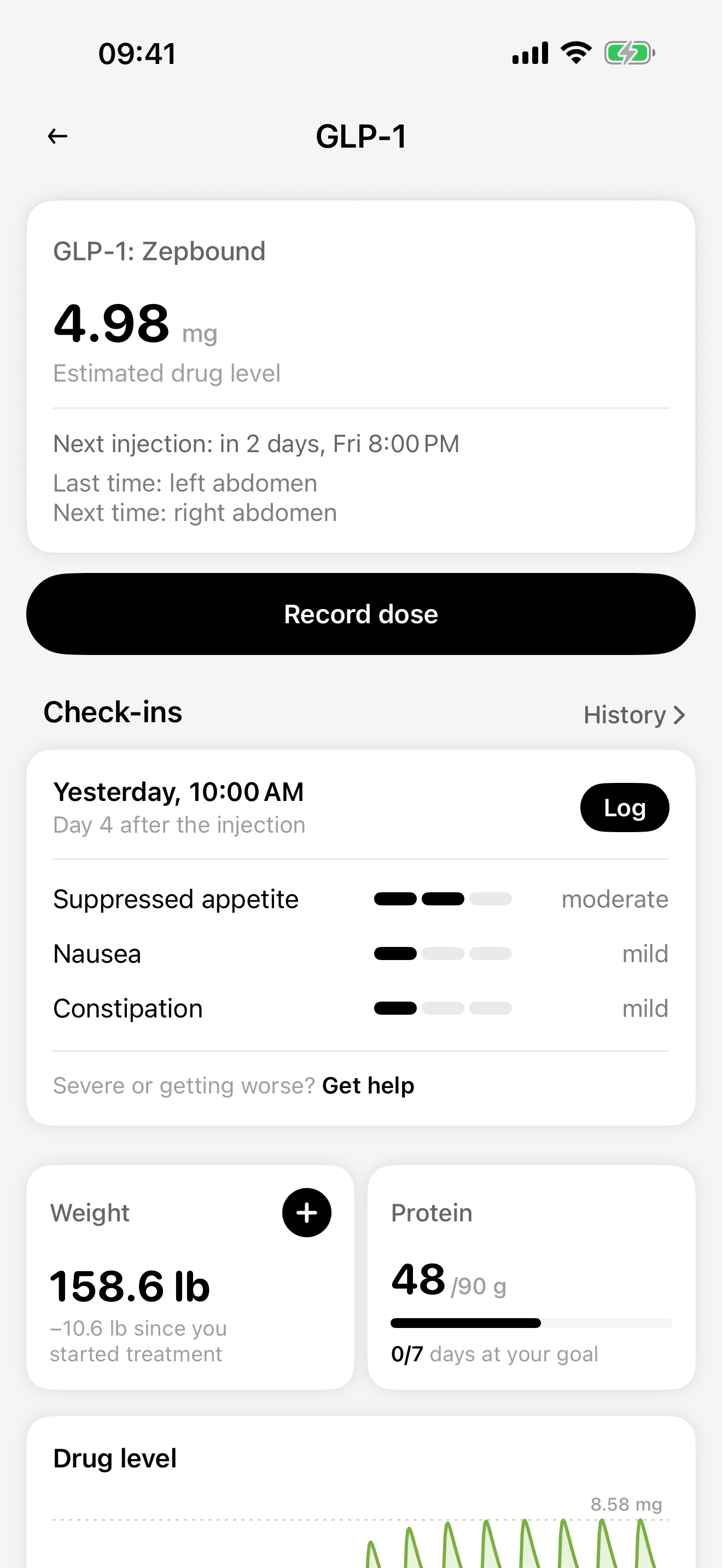 CalZen GLP-1 overview with demo injection history, check-ins, weight and protein