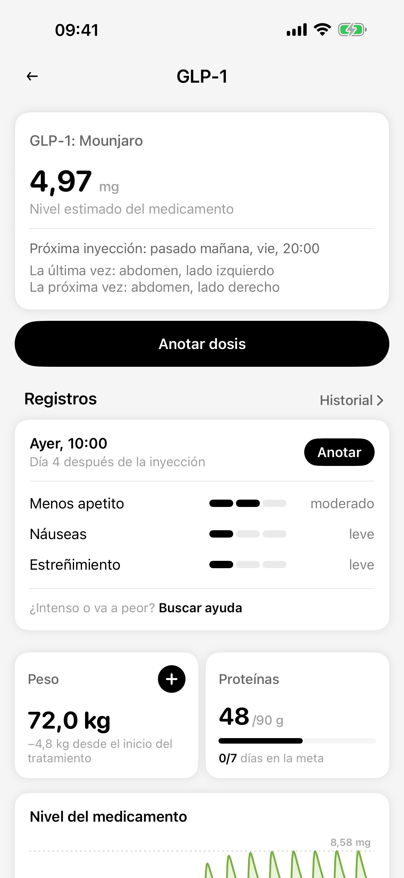 Pantalla GLP-1 de CalZen con datos de demostración de inyecciones, registros, peso y proteínas