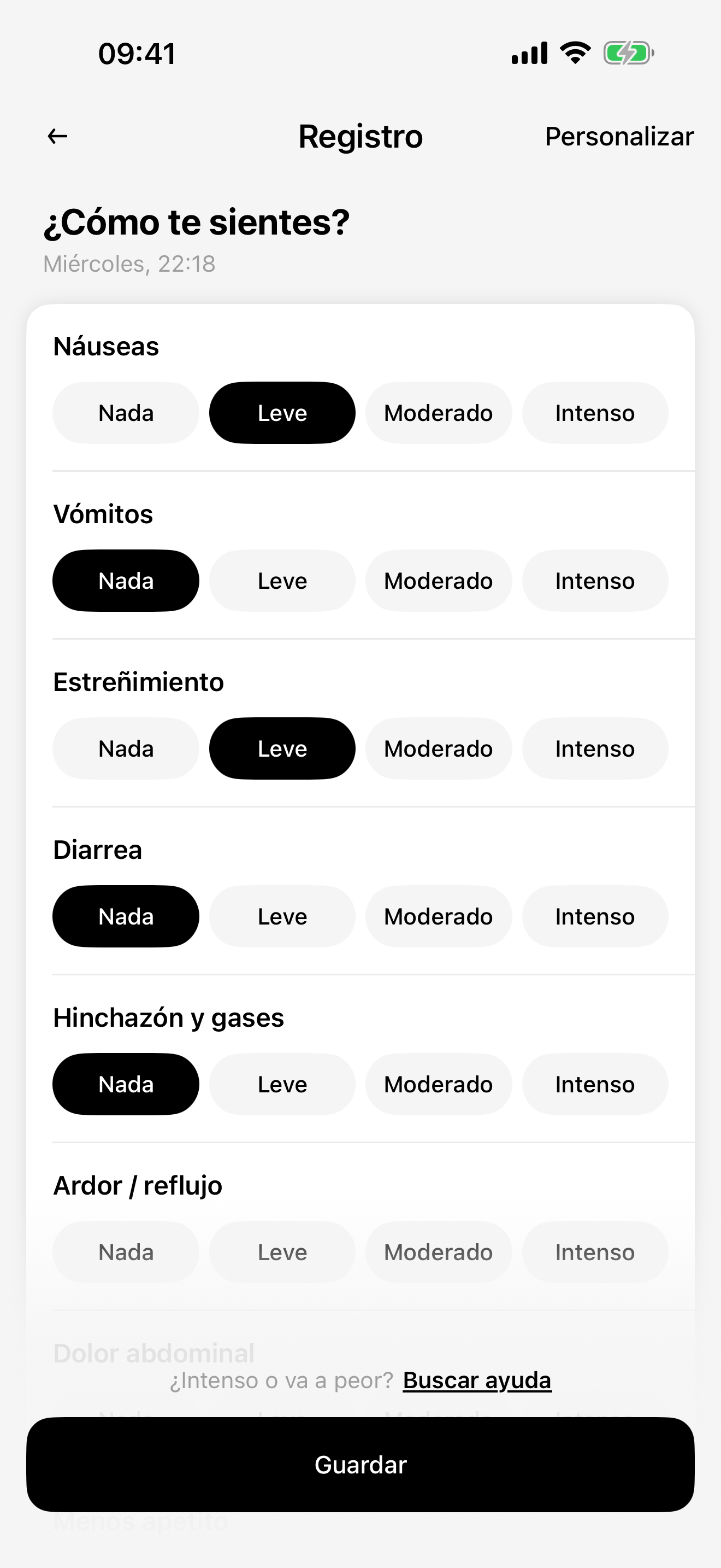 Registro de cómo te sientes en CalZen con escalas de síntomas y datos de demostración
